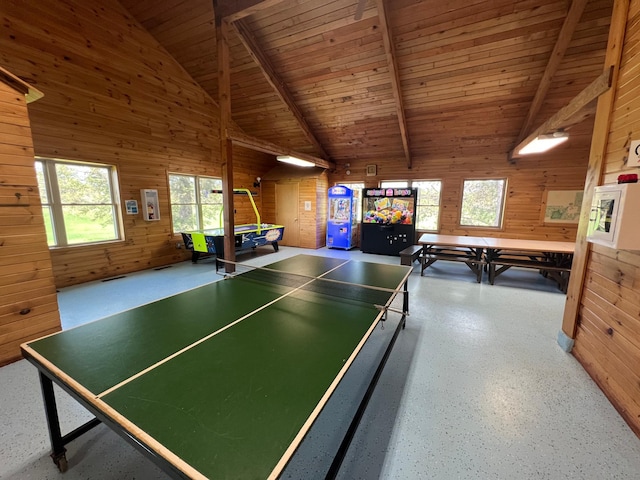 recreation room with beam ceiling, wood ceiling, wooden walls, and high vaulted ceiling