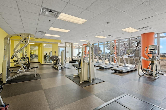 exercise room with a paneled ceiling and floor to ceiling windows