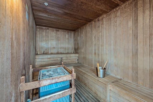 view of sauna / steam room with wooden walls and wood ceiling