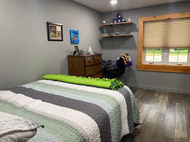 bedroom with dark hardwood / wood-style floors