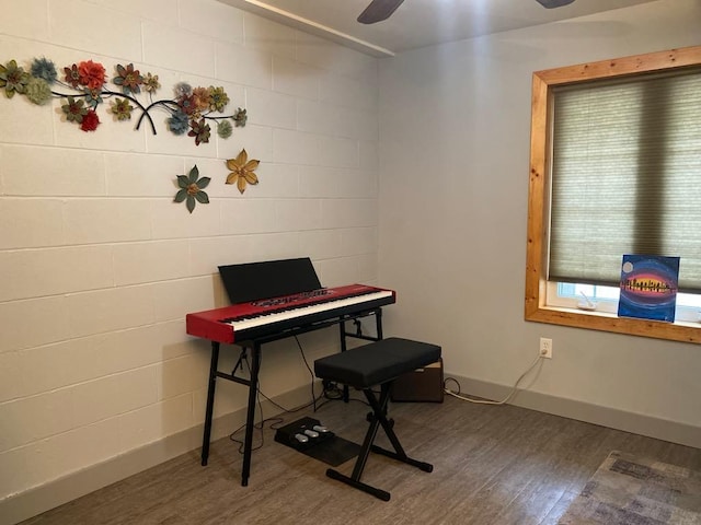 misc room featuring ceiling fan and dark wood-type flooring