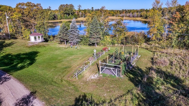 drone / aerial view featuring a water view