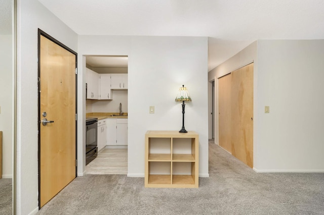 interior space with sink and light colored carpet