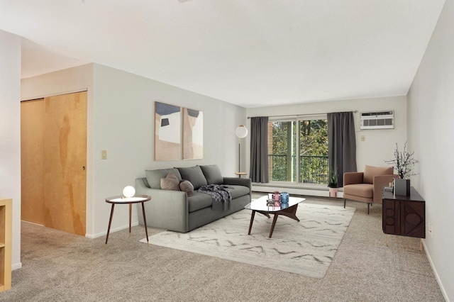 carpeted living room featuring a wall mounted AC