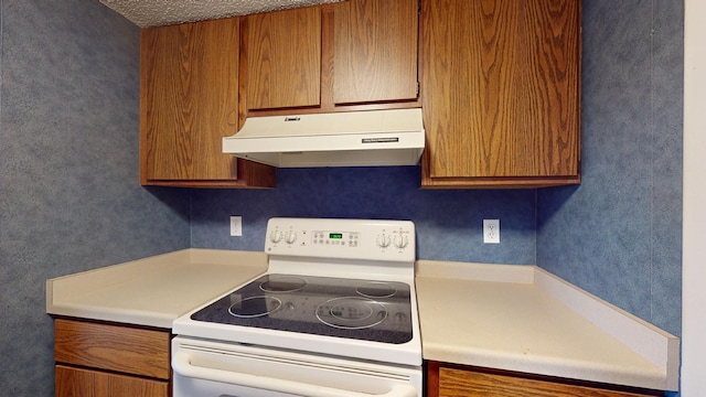 kitchen featuring electric stove and a textured ceiling