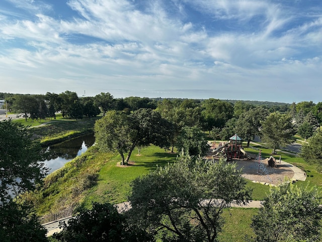 bird's eye view with a water view