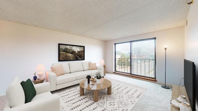 living room featuring a textured ceiling and light carpet