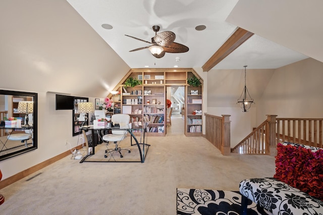 office with ceiling fan, vaulted ceiling with beams, and carpet flooring