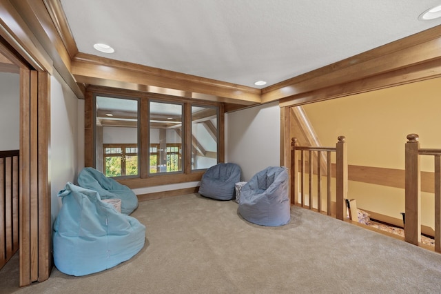 sitting room with ornamental molding and carpet