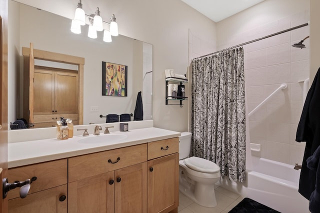 full bathroom featuring tile patterned flooring, shower / bathtub combination with curtain, vanity, and toilet