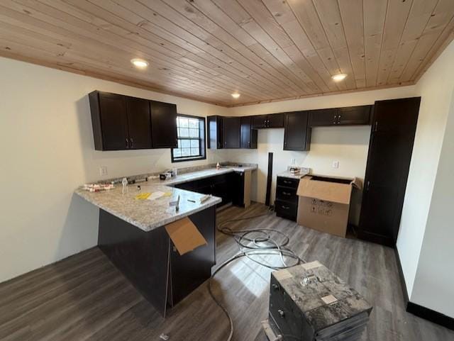 kitchen featuring wood finished floors, dark brown cabinetry, a peninsula, and wooden ceiling