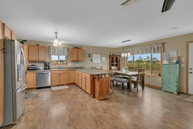 kitchen with appliances with stainless steel finishes, kitchen peninsula, a wealth of natural light, and decorative light fixtures