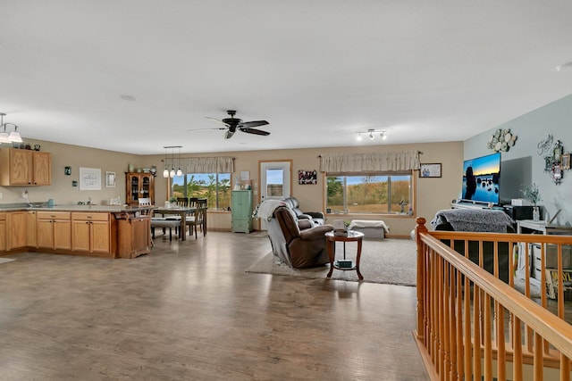 living room featuring ceiling fan and light hardwood / wood-style floors