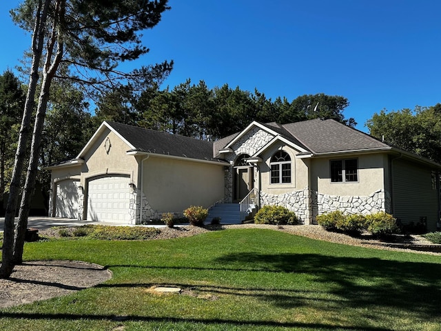 ranch-style house with a garage and a front yard