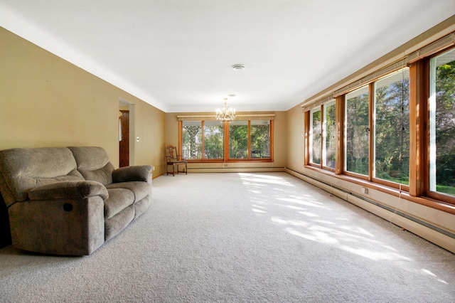 unfurnished living room with carpet, a chandelier, and a baseboard heating unit