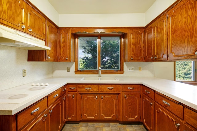 kitchen with tasteful backsplash, white electric stovetop, and sink