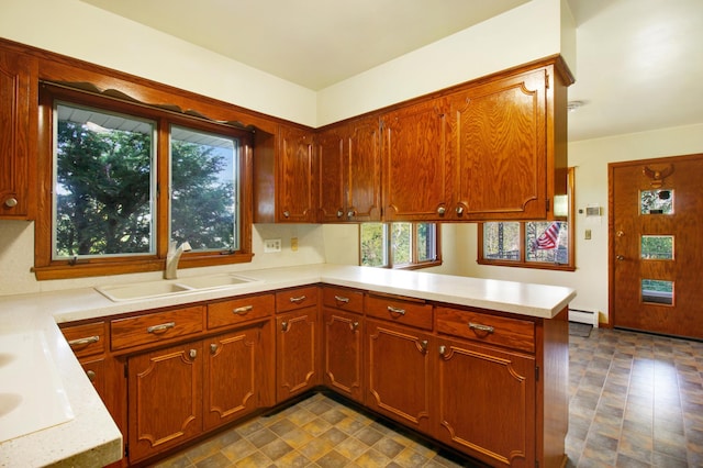 kitchen with kitchen peninsula, sink, and baseboard heating