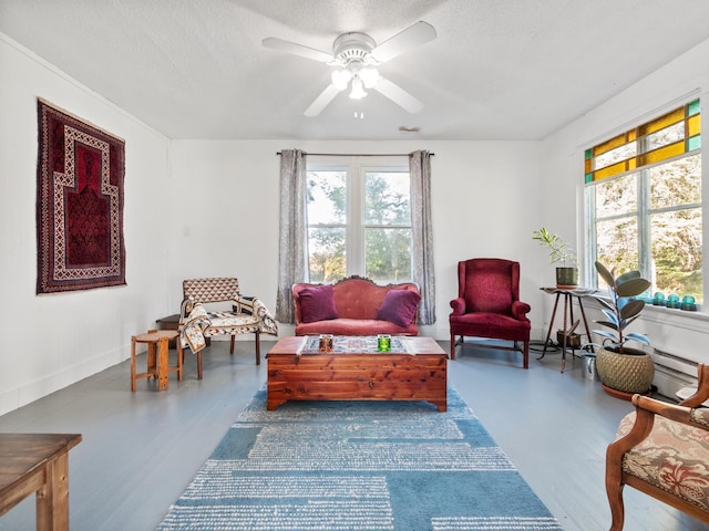 living area featuring hardwood / wood-style floors, a textured ceiling, and ceiling fan