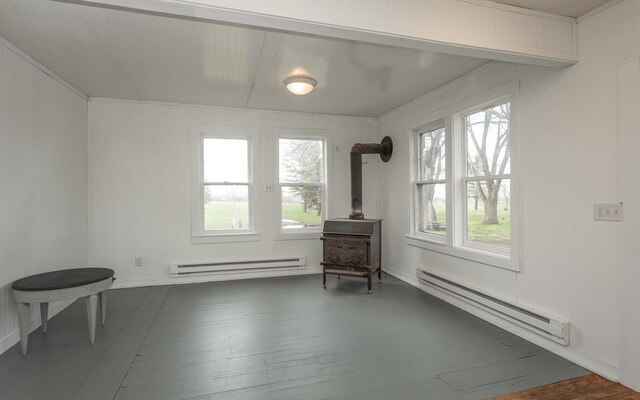 29693 120th St, Herman, MN 56248 - interior space featuring dark wood-style flooring, a baseboard heating unit, and a wood stove