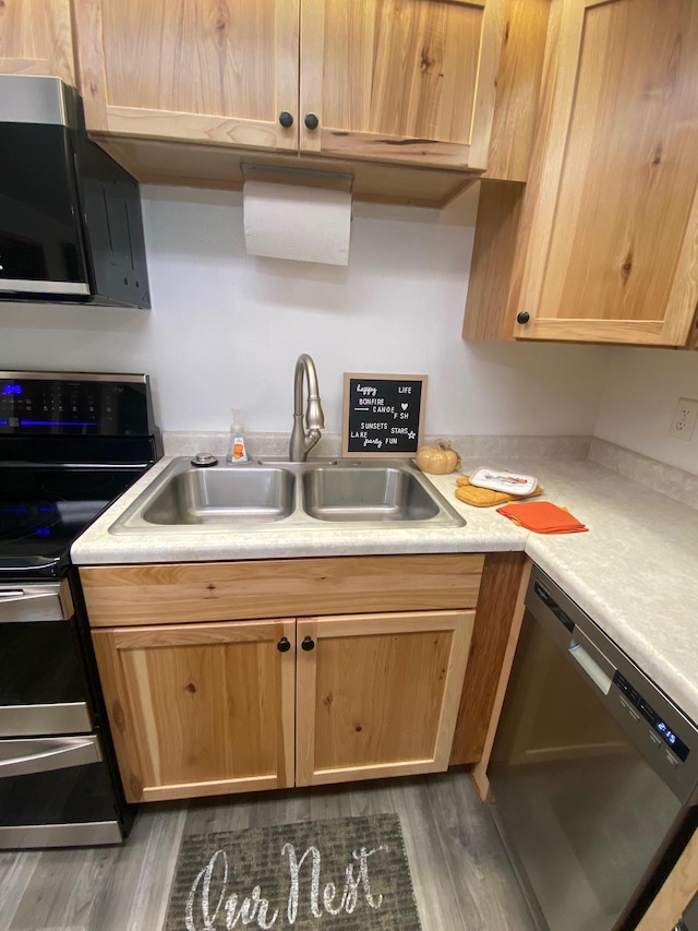 kitchen featuring stainless steel appliances, light countertops, dark wood-type flooring, light brown cabinets, and a sink