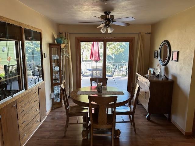 dining room with ceiling fan and dark hardwood / wood-style floors