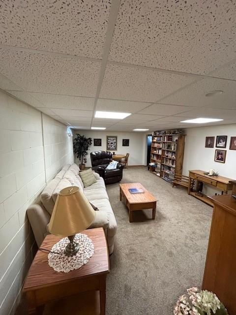 living room featuring a paneled ceiling and carpet flooring