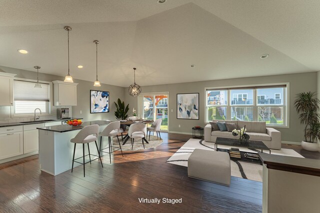 living room featuring lofted ceiling, sink, and dark hardwood / wood-style floors