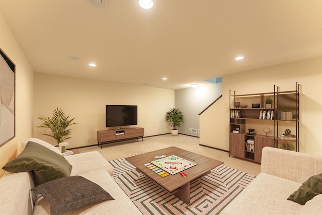 living room with light colored carpet