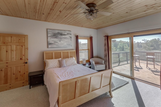 bedroom featuring access to exterior, visible vents, carpet floors, and wood ceiling