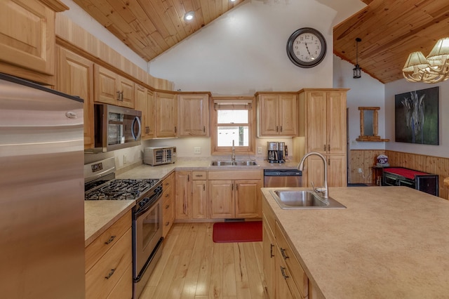 kitchen with wooden ceiling, light brown cabinets, a sink, and stainless steel appliances