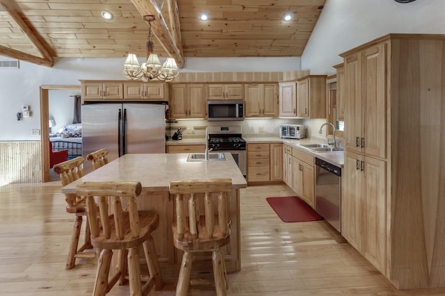 kitchen featuring wooden ceiling, light brown cabinets, a sink, and stainless steel appliances