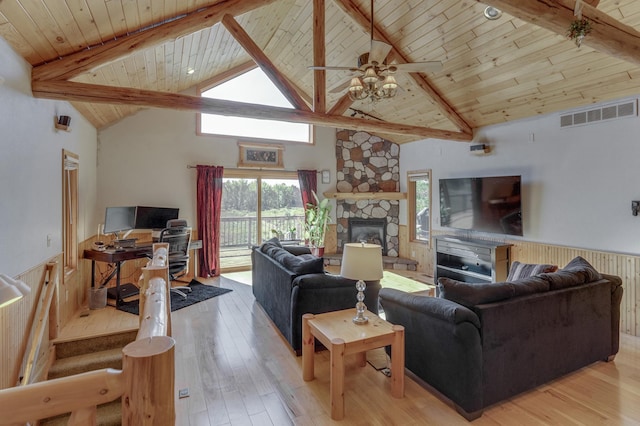 living room featuring a wainscoted wall, wood ceiling, beamed ceiling, and visible vents