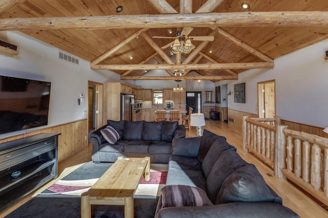 living room with wood ceiling, vaulted ceiling with beams, and wainscoting