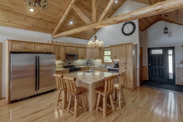 kitchen featuring light countertops, light wood-type flooring, wood ceiling, a sink, and appliances with stainless steel finishes