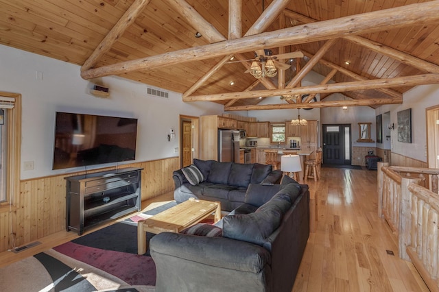 living room with wood ceiling, vaulted ceiling with beams, wood walls, wainscoting, and light wood-style flooring