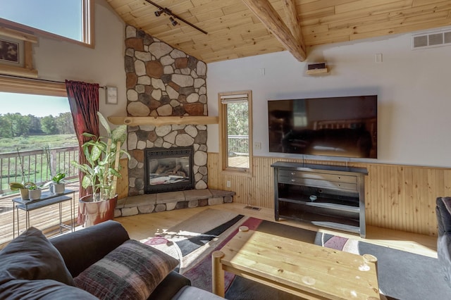 living area featuring wooden ceiling, lofted ceiling with beams, wood finished floors, wainscoting, and visible vents