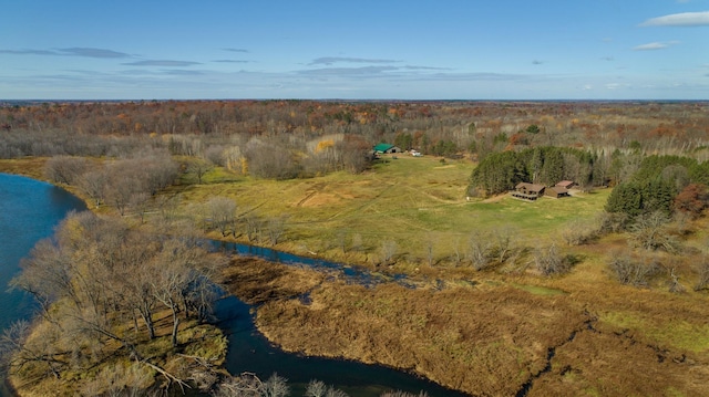 bird's eye view with a water view and a forest view