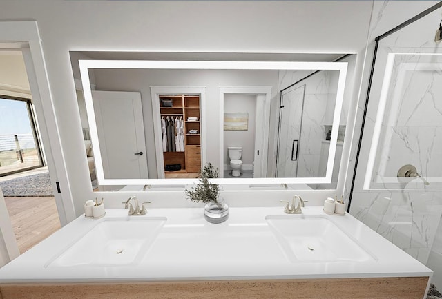 bathroom featuring vanity, toilet, a shower with door, and hardwood / wood-style flooring