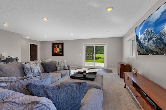 living room featuring a textured ceiling and light colored carpet