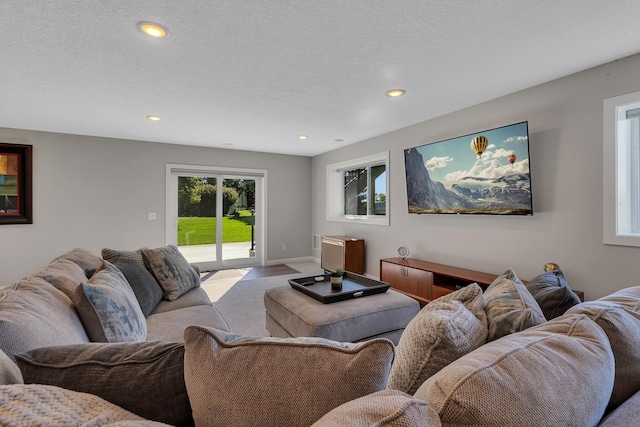 living room featuring a textured ceiling