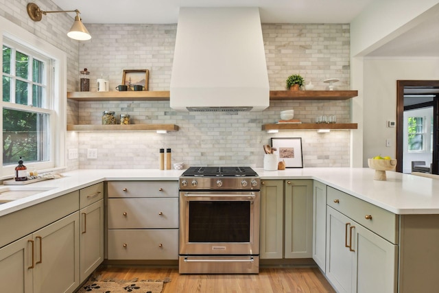 kitchen featuring plenty of natural light, stainless steel range with gas stovetop, and tasteful backsplash