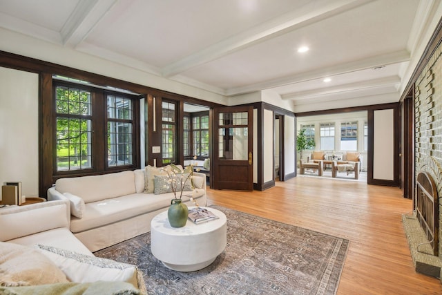 living room with beamed ceiling, light hardwood / wood-style flooring, and ornamental molding