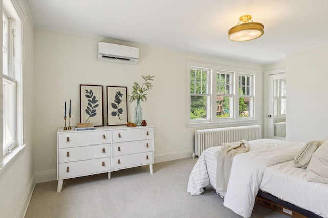 carpeted bedroom featuring multiple windows, radiator heating unit, and a wall unit AC