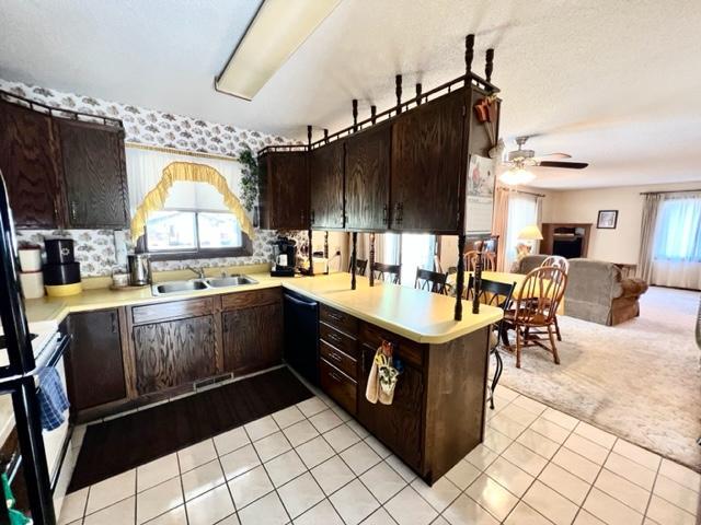 kitchen with light carpet, dark brown cabinets, kitchen peninsula, and a healthy amount of sunlight