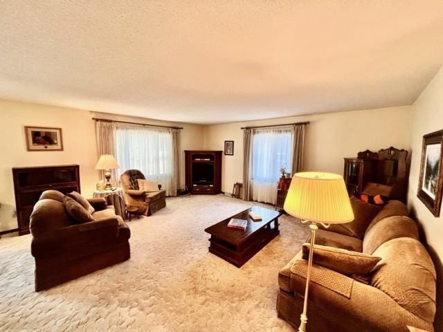 carpeted living room featuring a textured ceiling