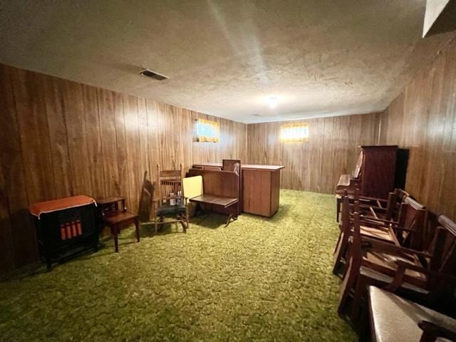 living area with a textured ceiling, wooden walls, and carpet flooring