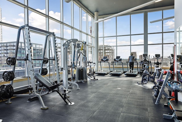 workout area featuring a view of city, plenty of natural light, and floor to ceiling windows