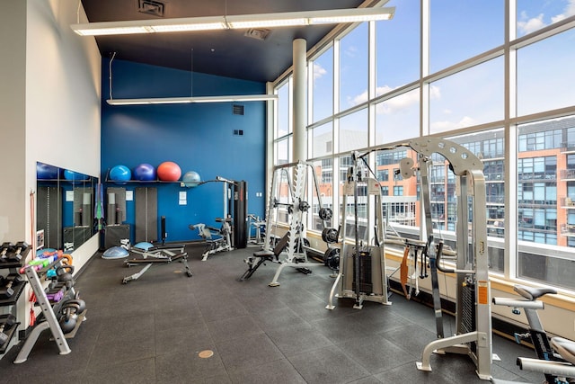 workout area featuring expansive windows, a high ceiling, and a view of city