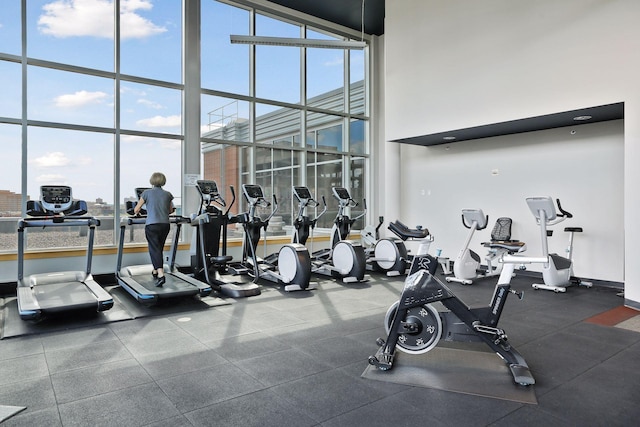 exercise room featuring a high ceiling and a wall of windows