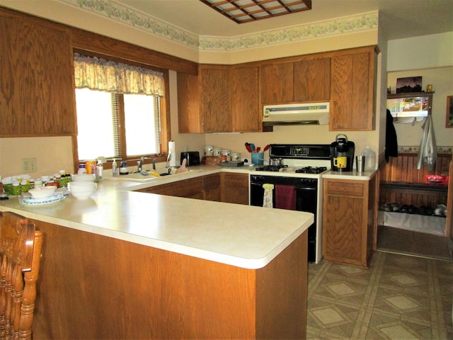 kitchen featuring kitchen peninsula, white range, and sink